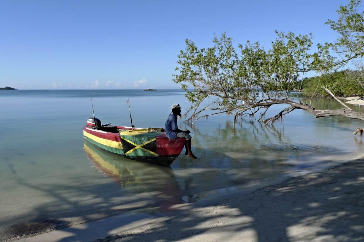 Jamajcanin sedi u camcu i posmatra prirodu. Karibi.